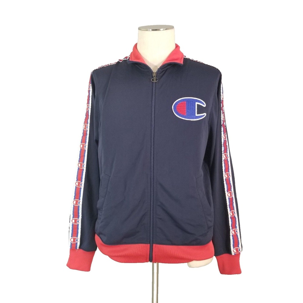Champion Track Jacket Men Medium Blue Y2K Embroidered Logo Taping Full Zip